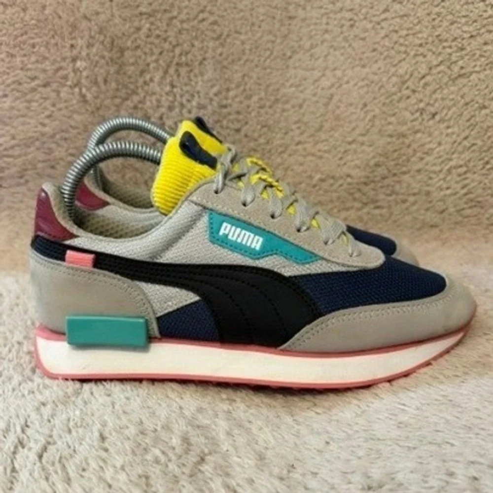 Puma Future Rider Play On Kids Sneakers Grey Navy Yellow 375269-01 Size 5.5C